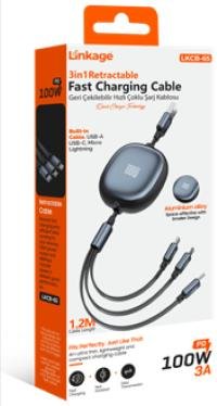LKCB-65 Şarj Kablosu PD 100W 3A Hızlı Şarj 3’ü 1 Arada, 1.2Metre Geri Çekilebilir Şarj Kablosu