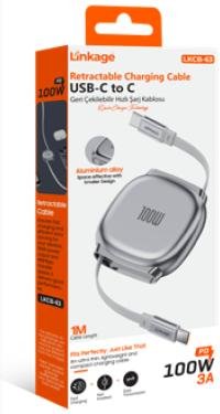 LKCB-63 Şarj Kablosu PD 100W 3A, 1Metre USB-C’den C’ye Geri Çekilebilir Şarj Kablosu