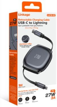 LKCB-62 Şarj Kablosu PD 27W 3A, 1Metre USB-C’den Lightning’e Geri Çekilebilir Şarj Kablosu