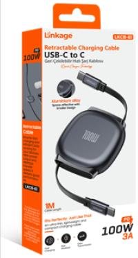 LKCB-61 Şarj Kablosu PD 100W 3A, 1Metre USB-C’den C’ye Geri Çekilebilir Şarj Kablosu
