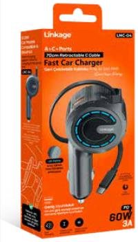 LNC-04 PD 60Watt 3A, 12-24V, Dahili Kablolu 1xUSB-A 1xUSB-C Çıkışlı Araç İçi Şarj Aletİ