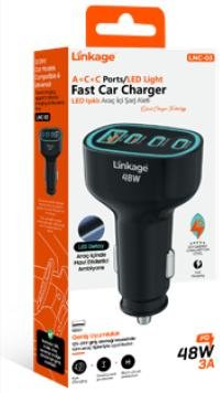 LNC-03 PD 48Watt 3A, 12-24V, 1xUSB-A  2xUSB-C Çıkışlı/Led Işıklı Araç İçi Şarj Alet
