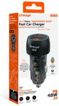 LNC-02 PD 48Watt 3A, 12-24V, Şeffaf Stilli 1xUSB-A 1xUSB-C Çıkışlı  Araç İçi Şarj Alet