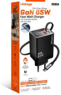 LKC-56 GaN 65Watt  2xUSB-C + 1xUSB-A Çıkışlı, Dahili USB-C Kablolu Hızlı Duvar Şarj Alet